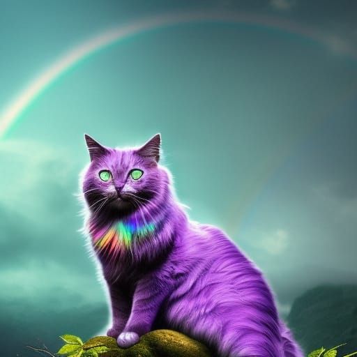Ethereal purple cat with emerald green eyes& Beautiful fur& shimmery beautiful all rainbow background.
