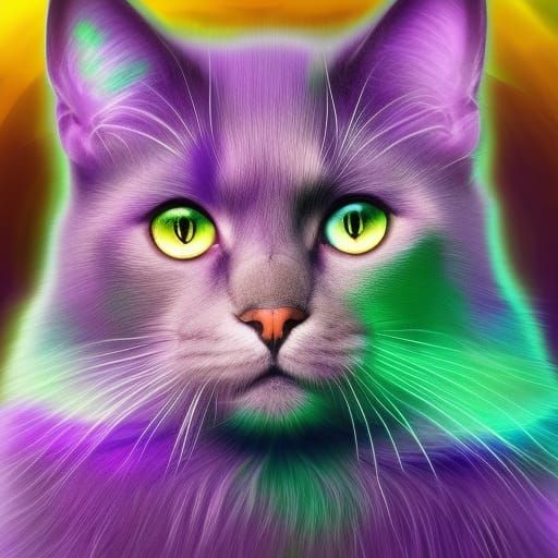 Ethereal purple cat with emerald green eyes& Beautiful fur& shimmery beautiful all rainbow background.