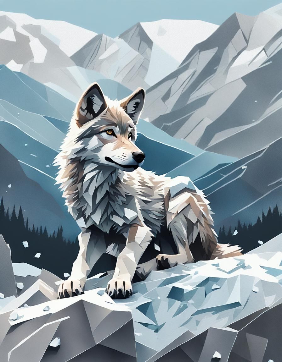 Wolf Pup in Snowy Paper Collage Mountain Landscape