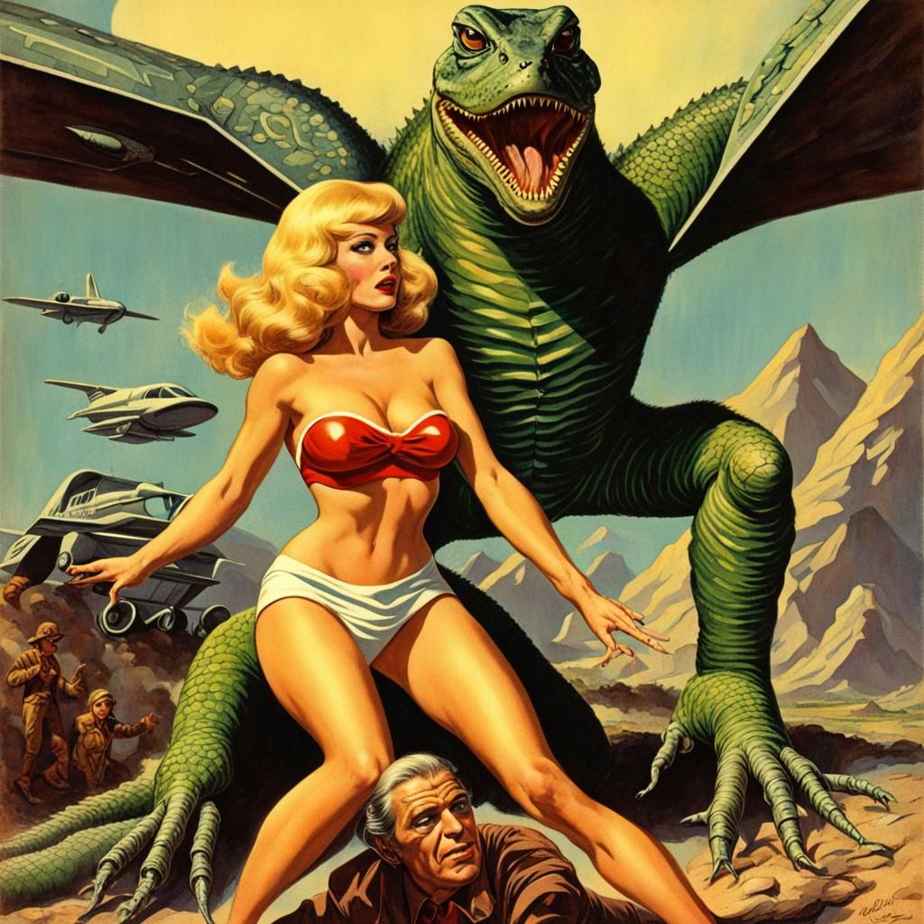 Retro Heroine Saves Man from Reptilian Alien