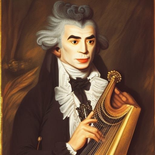 Kind Vampire Lord Plays Harp in Portrait Style