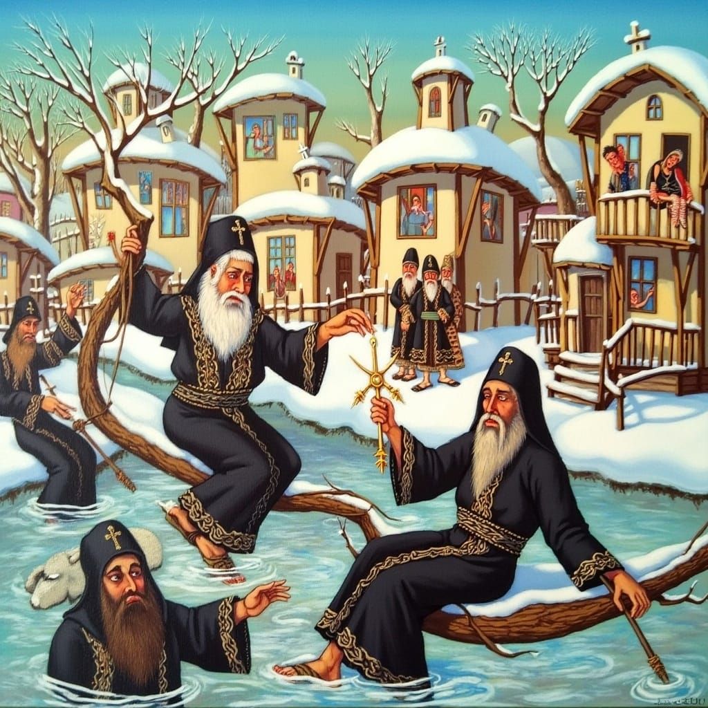 Orthodox Priests in Frozen River, Naive Art