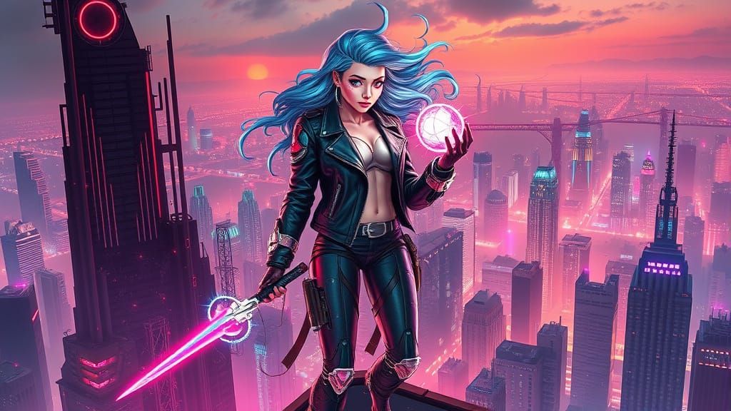 Cybernetic Woman in Neon Cityscape