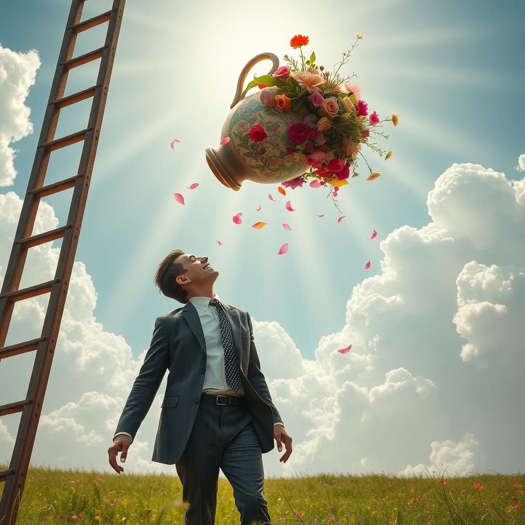 Man Under Ladder About to Be Doused with Flowers