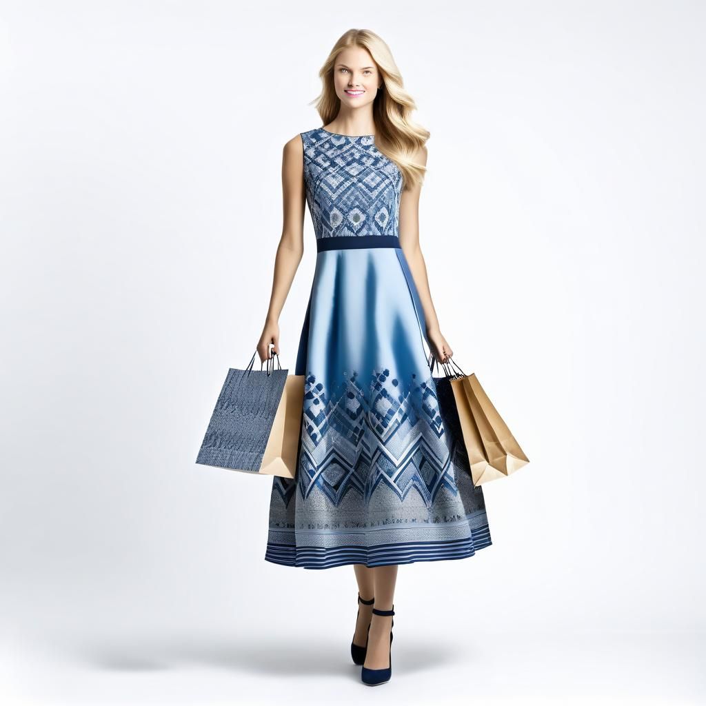 Woman in Blue Dress with Shopping Bags
