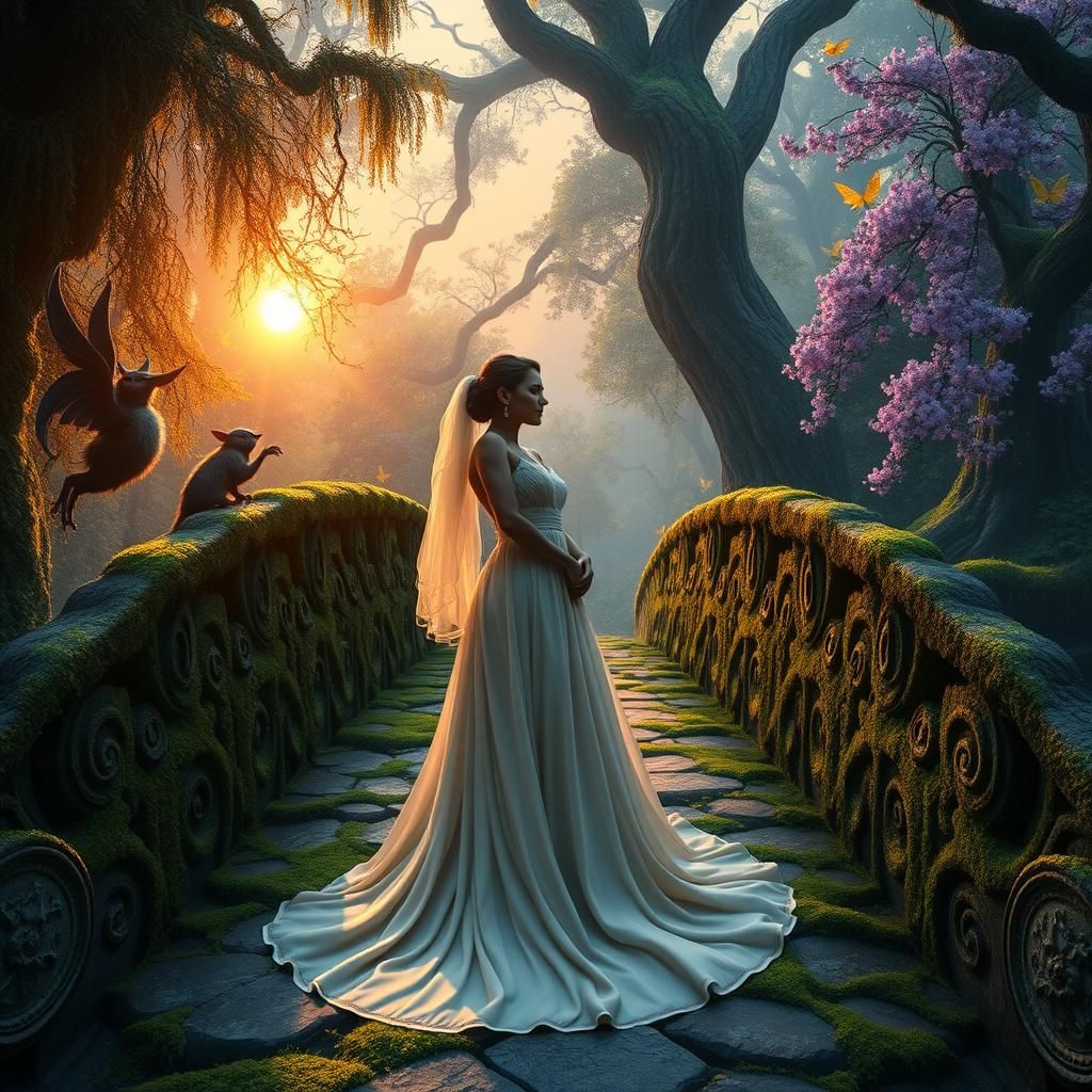 Loving Couple Embrace on Fairy Bridge at Sunrise