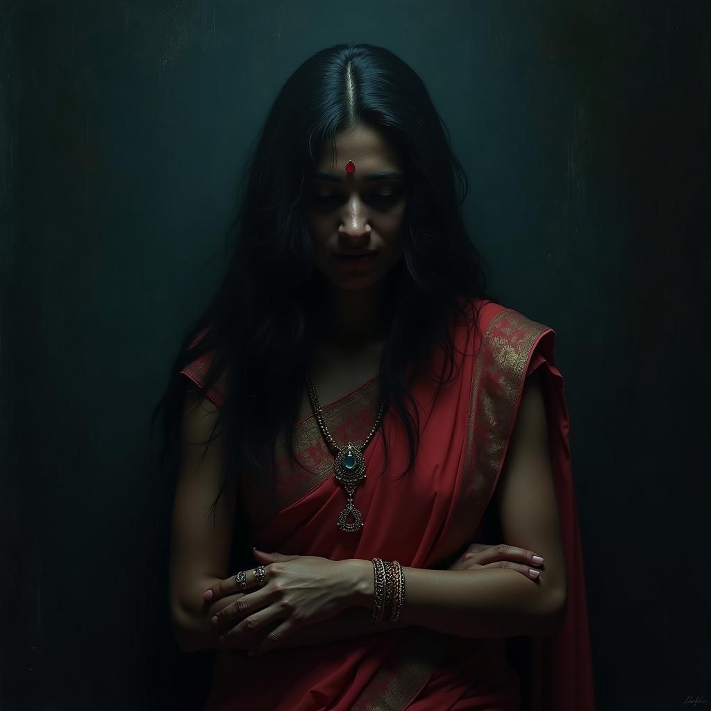 Mysterious Woman in Shadows with Indian Sari