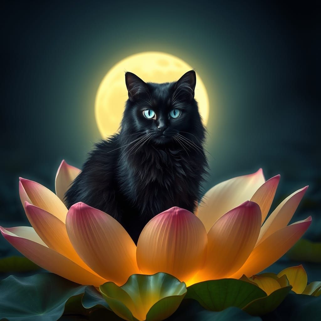 Moonlit Cat on Lotus Flower in Hyperrealistic Style