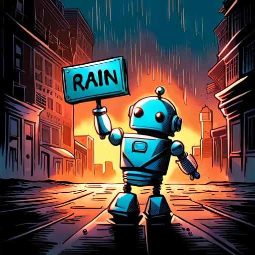 Cute Robot in Rainy City Street: Comic Book Art
