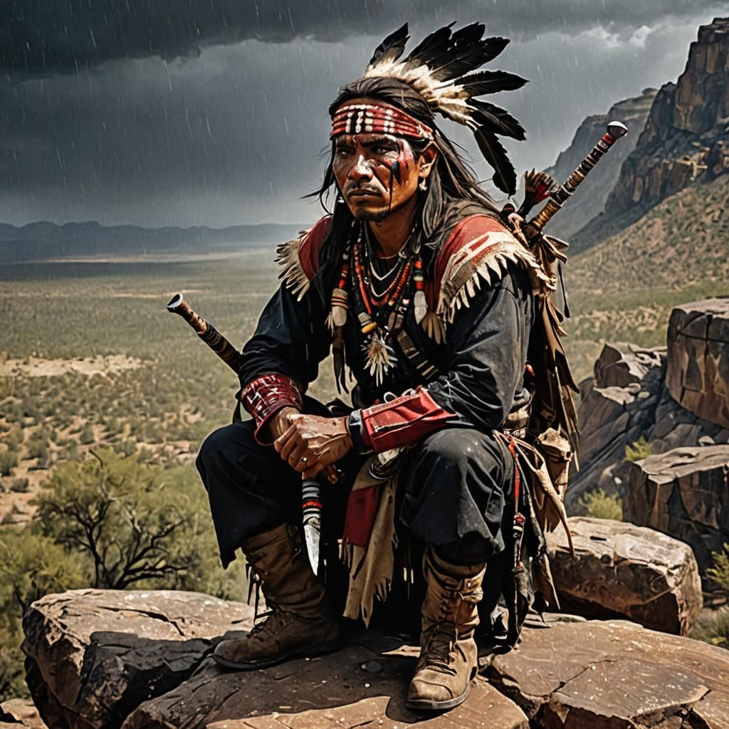 Apache Warrior on Rocky Outcrop Portrait