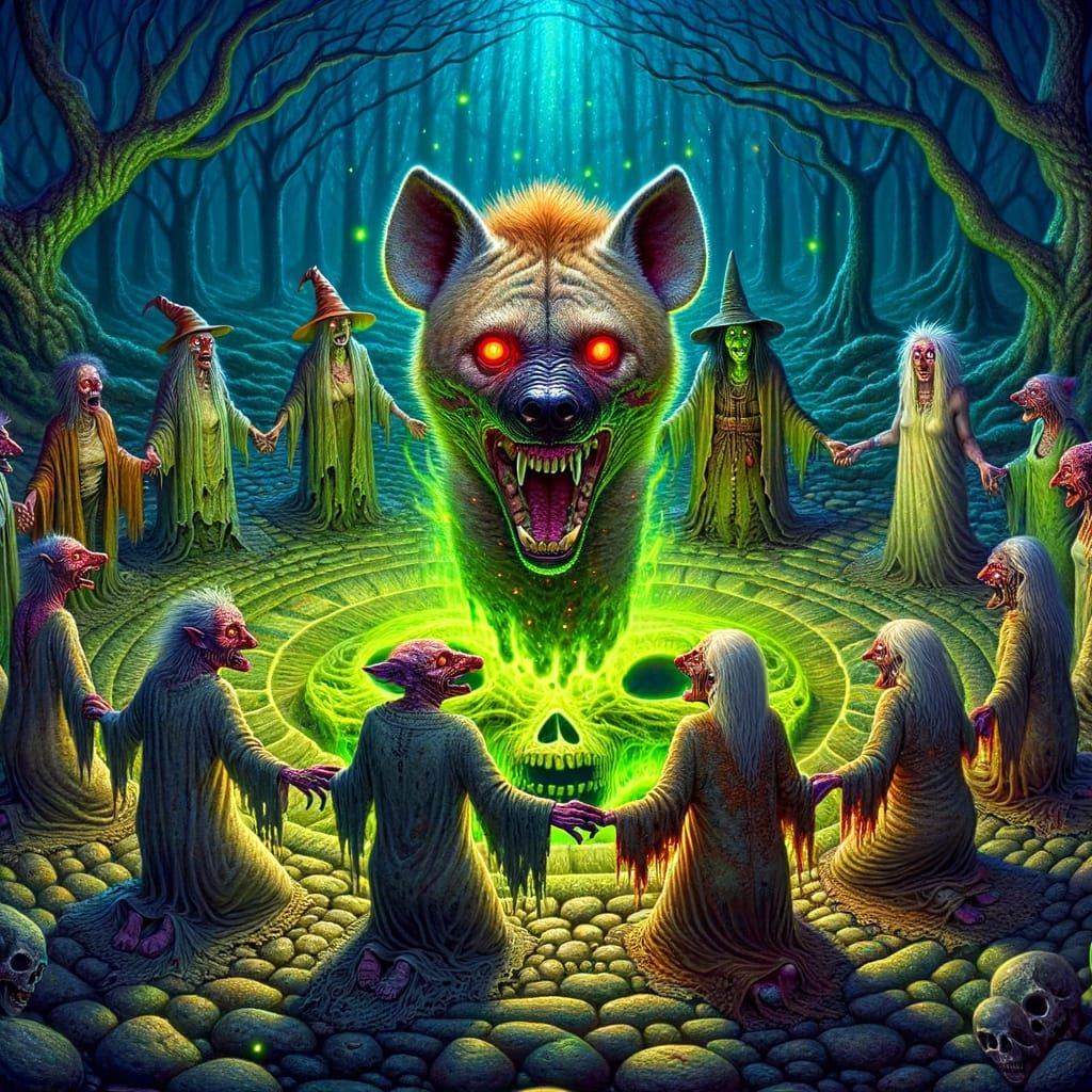 Surreal Dream Scene with Hyena and Circling Witches