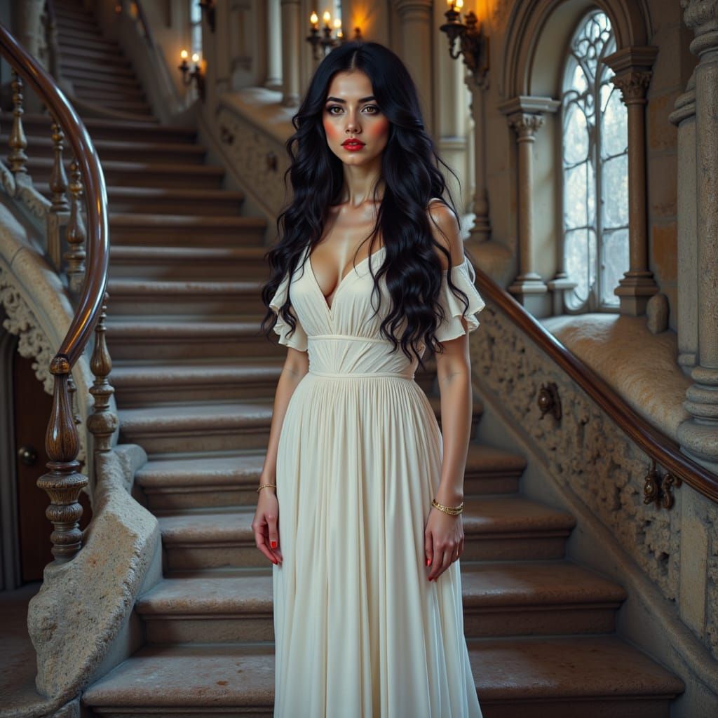 Elegant Lady on Castle Stairs in Hyperrealistic Style