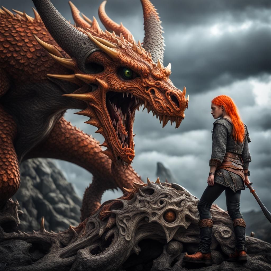 Dragon Hunting Viking Girl on Dragon Skull
