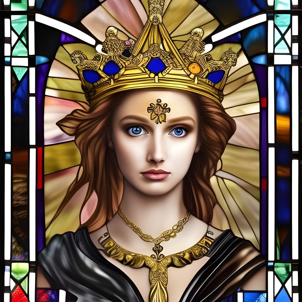 Greek Goddess with Golden Crown and Stained Glass