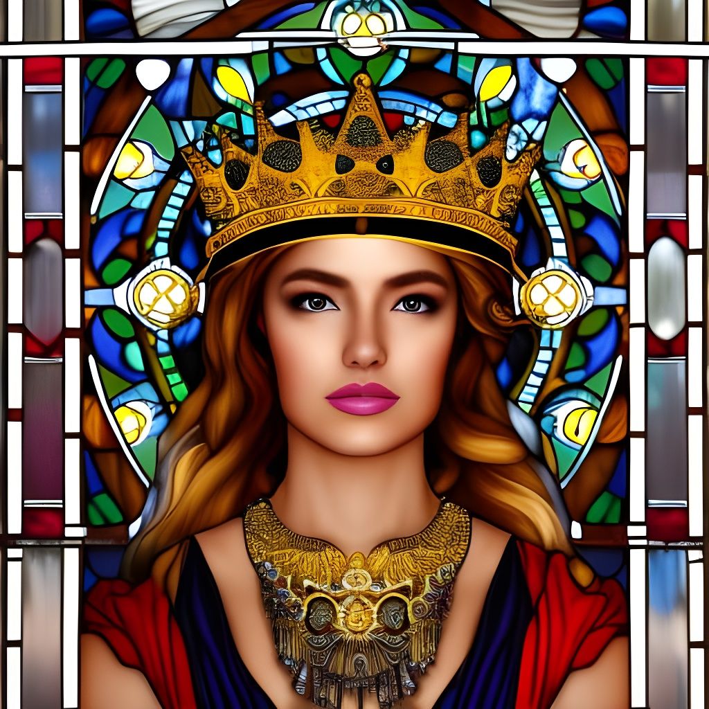 Greek Goddess with Golden Crown and Stained Glass