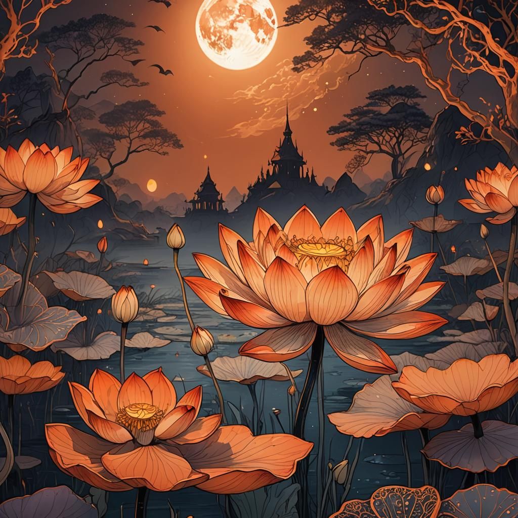 Glowing Lotus Flower under Pale Moonlight