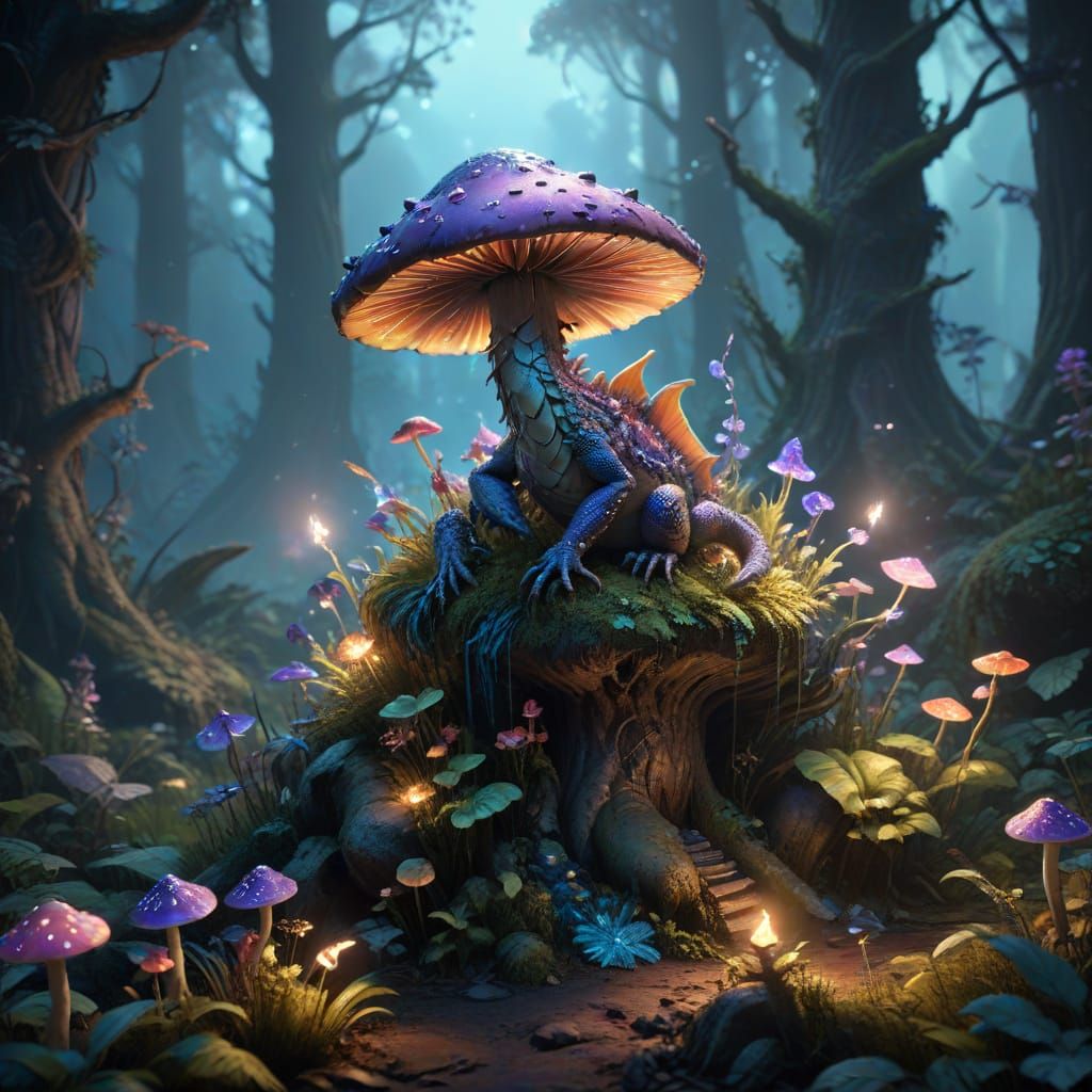 Mystical Mushroom Dragon Reigns in a Vibrant Fantasy Realm