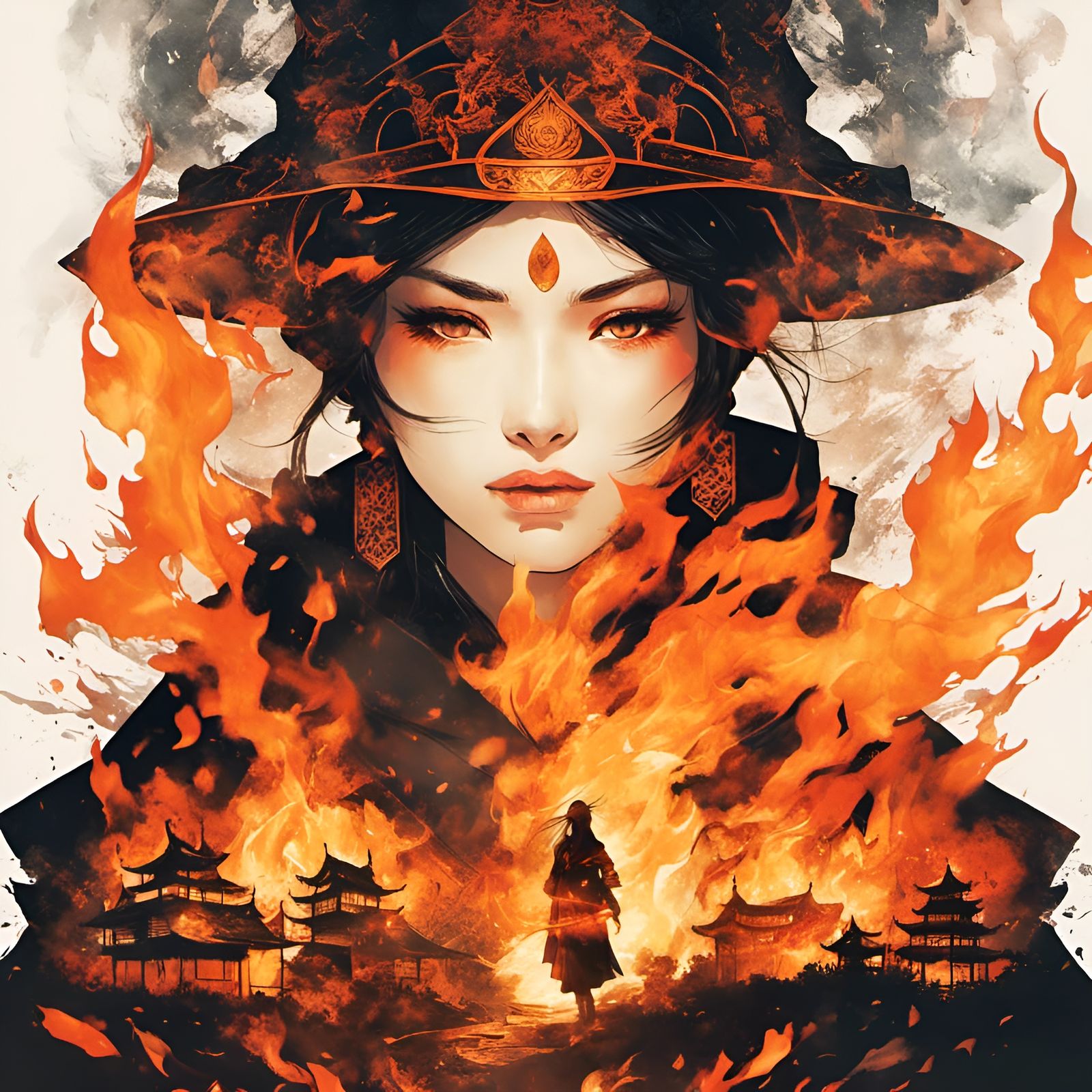 Fire Priestess Double Exposure Fantasy Portrait