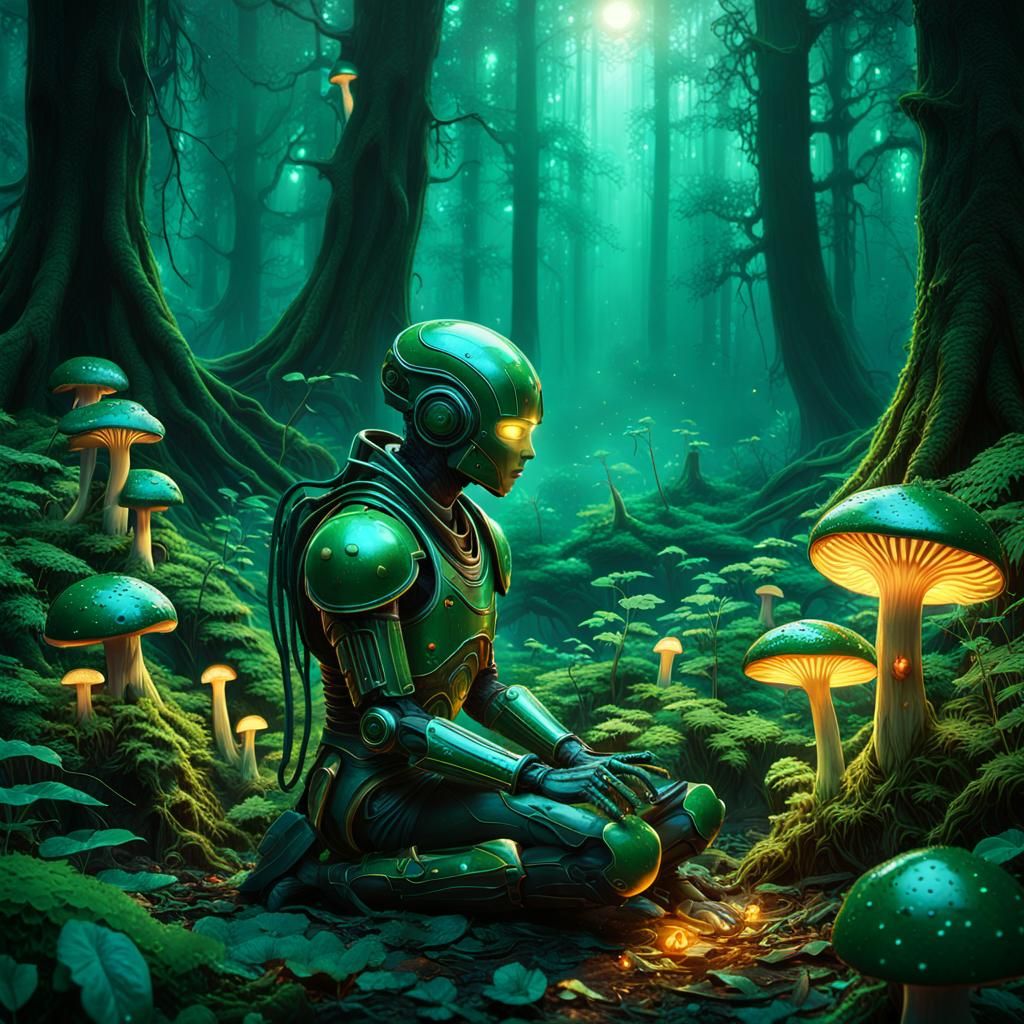 Androids in Bioluminescent Forest: Fantasy Concept Art