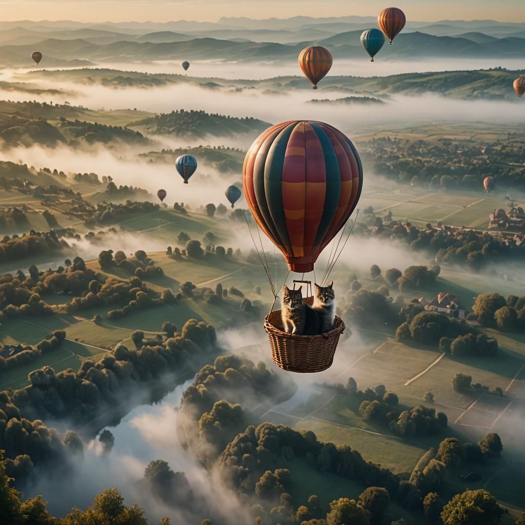 Cat in Hot Air Balloon: Cinematic Film Still