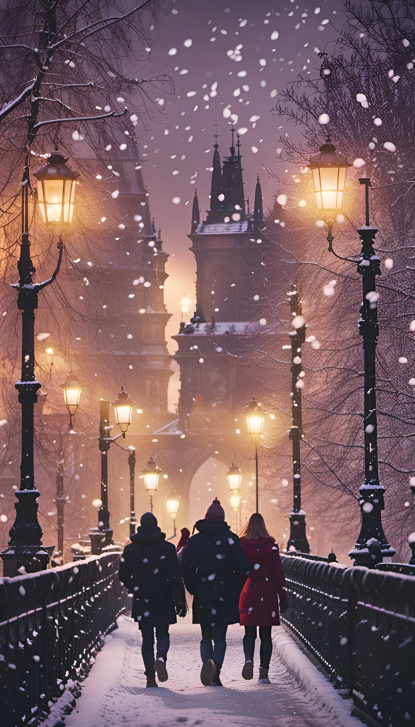 People Enjoying Snowfall on Prague Bridge at Twilight