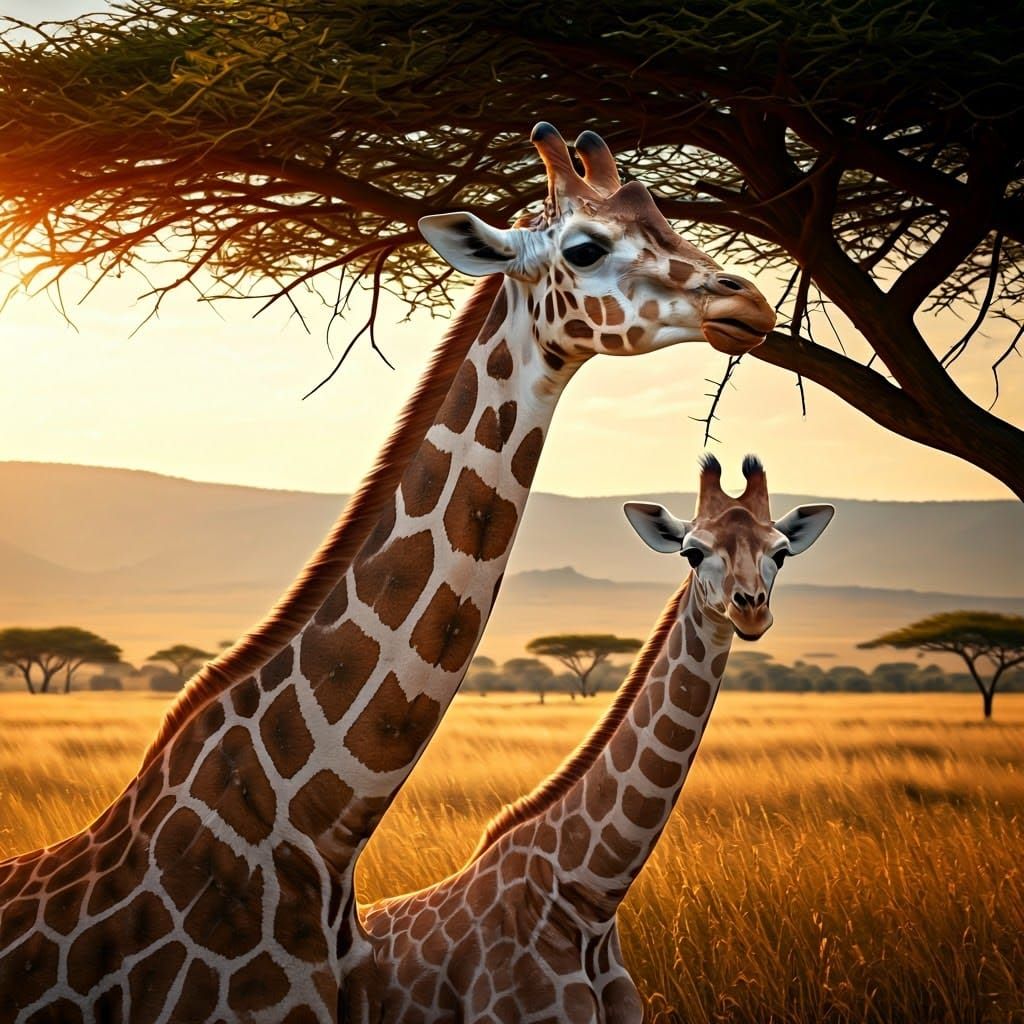 Giraffe and Baby in African Savannah, Photorealistic