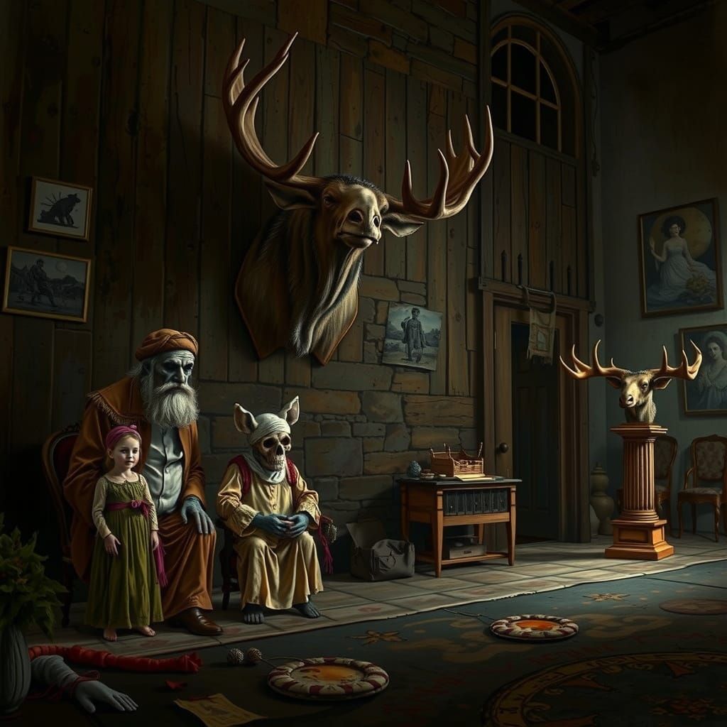 Surreal Family Portrait in Moonlit Night, Painted in Deep In...