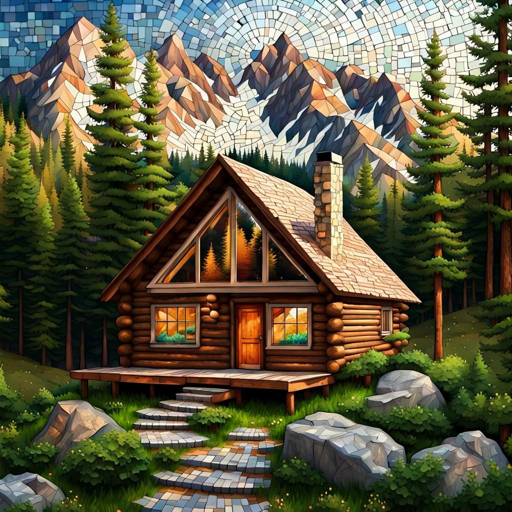 Cabin in Forest Mosaic Mountain Scene