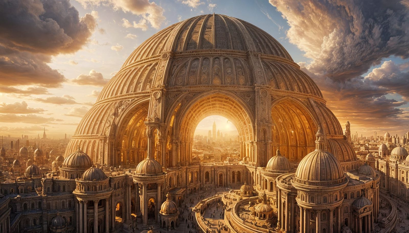 Domed City Interior with Warm Golden Light
