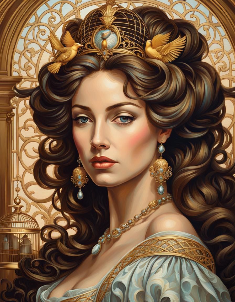 French Noblewoman's Opulent Hairdo, 17th Century Oil Paintin...