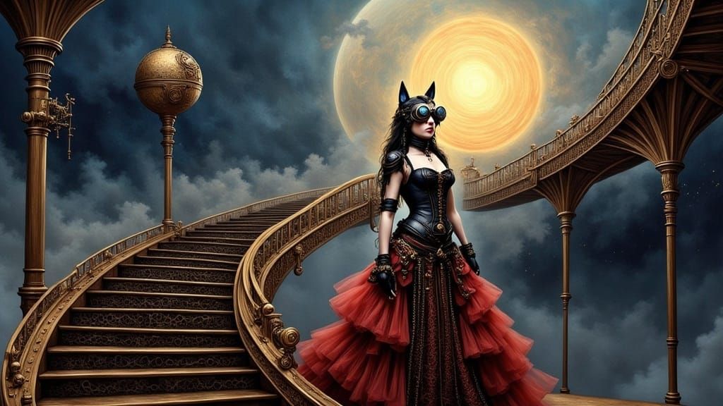 Steampunk Lady Ascending to Moonlit Sky