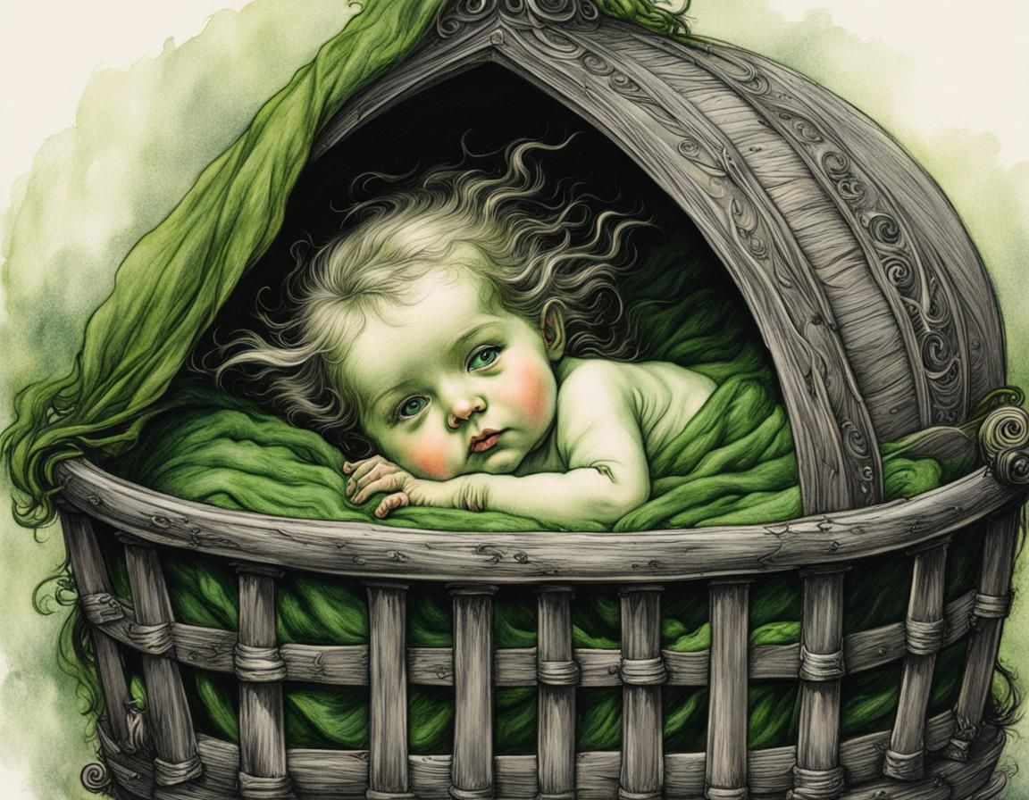Infant witch in a crib, green skin