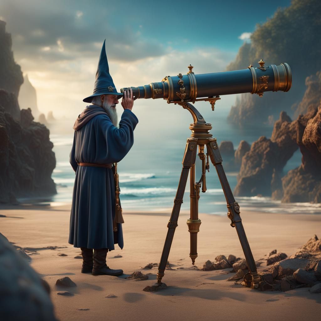 Wizard Observes Beach with Telescope: Fantasy Art
