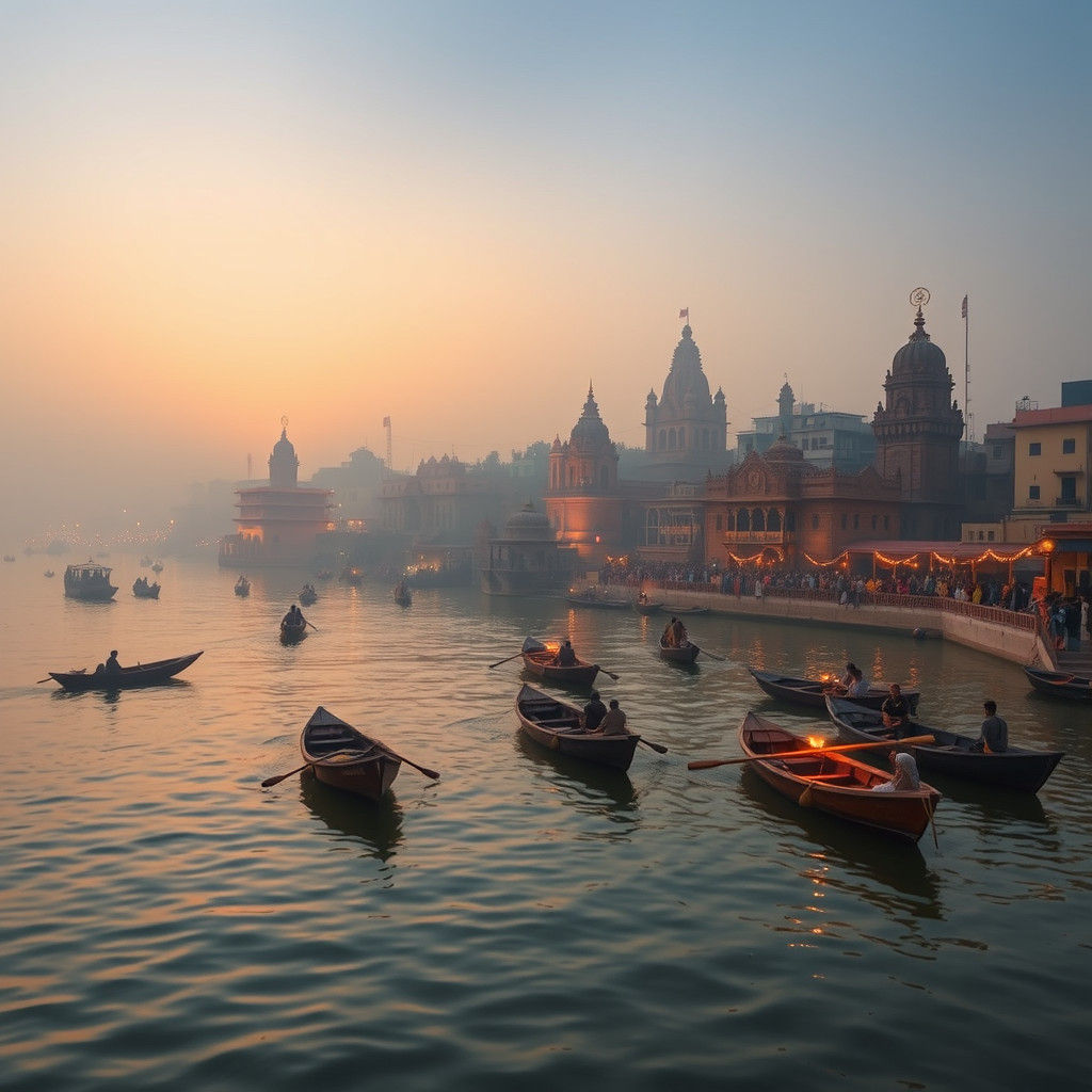 Varanasi Cityscape at Dawn: Mystical River Ganga