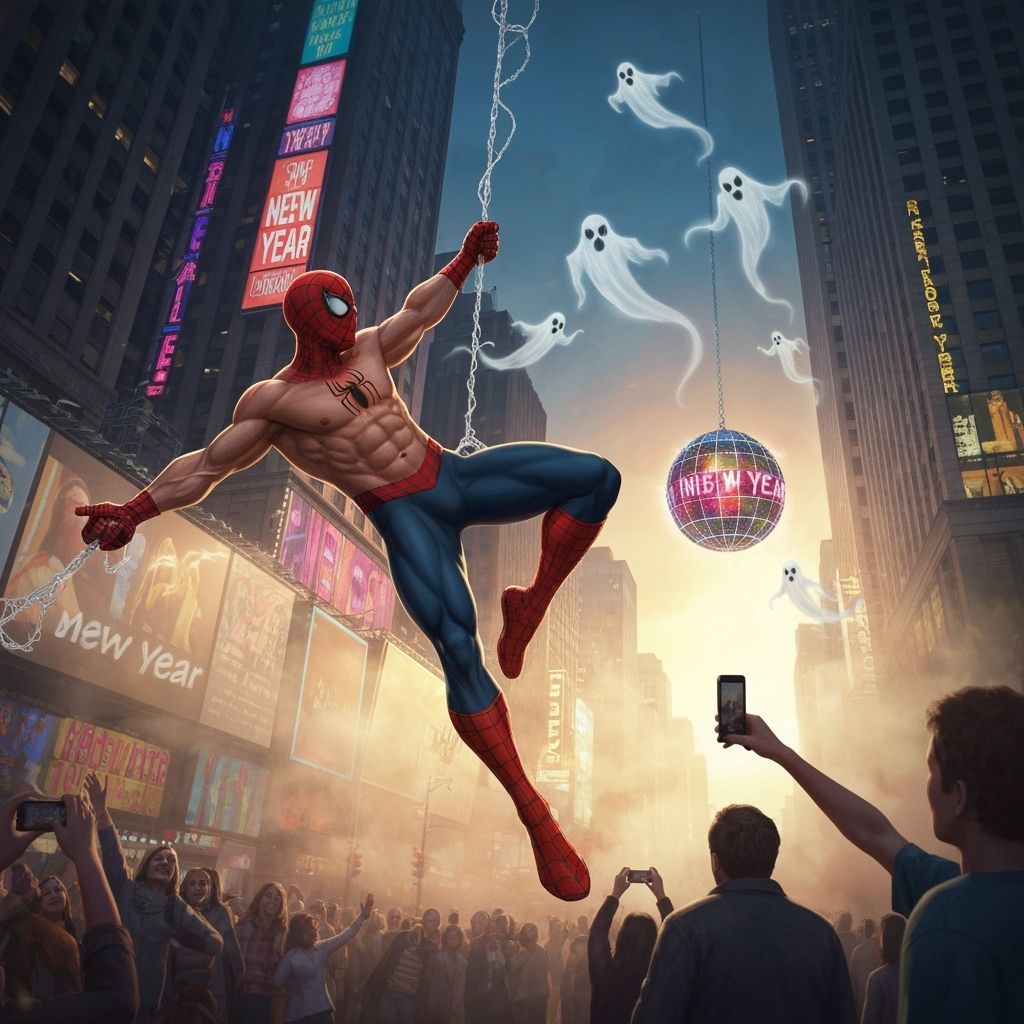 Shirtless Spider-Man Swings Over Times Square at Midnight