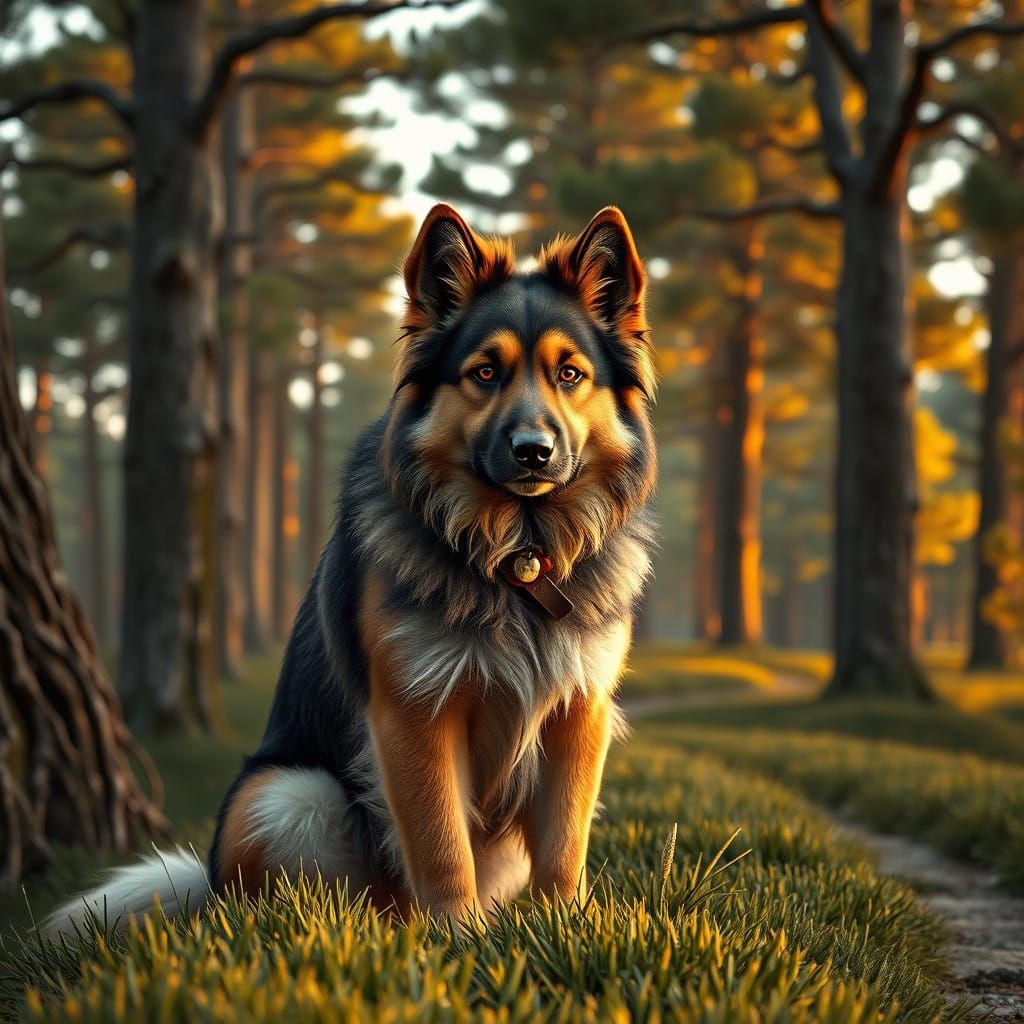 Caucasian Shepherd Dog Waits on Pine Forest Path in Golden E...
