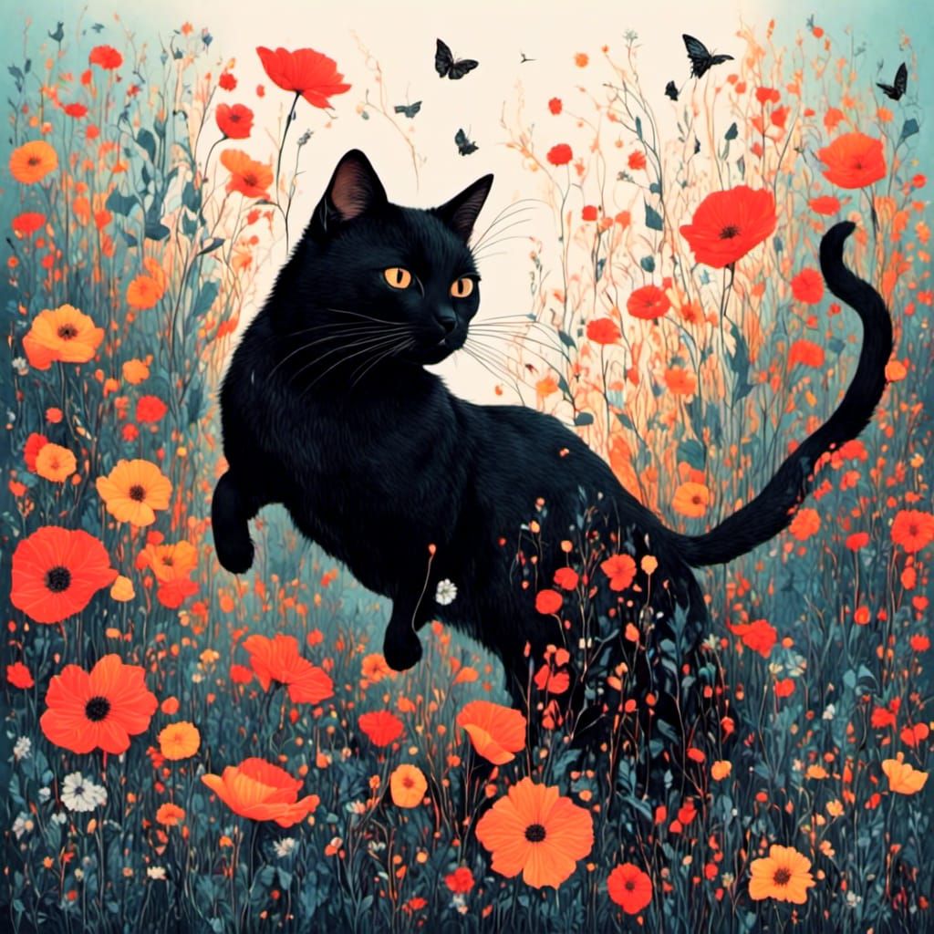 Black Cat Jumps in Vibrant Flower Garden