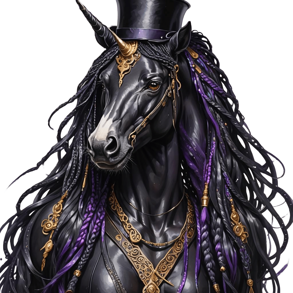 Blue-Eyed Black Unicorn with Purple Hair