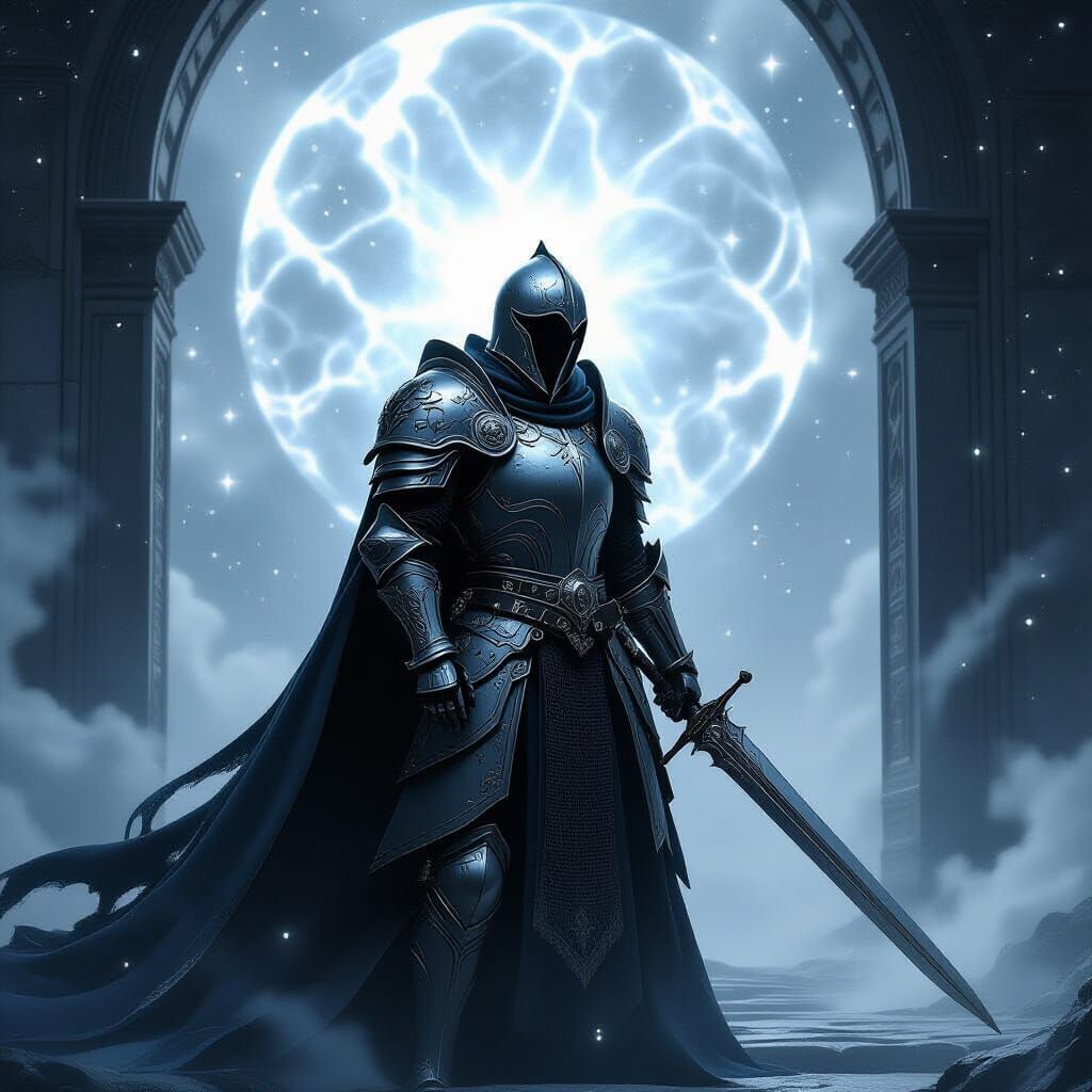 Knight Guards Celestial Gate in Dark Fantasy Art