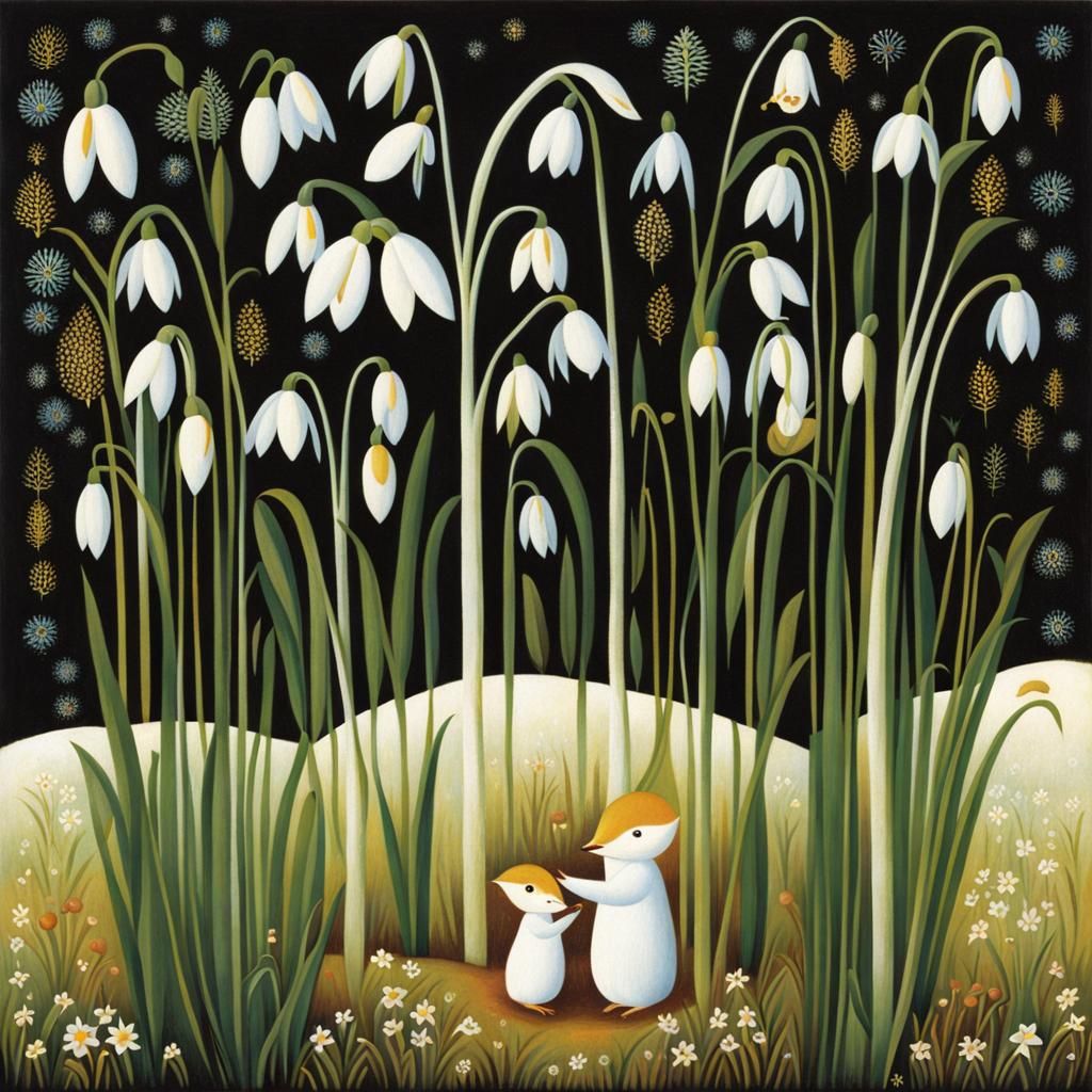 Snowdrops Breaking Through Snow in Naive Surrealism