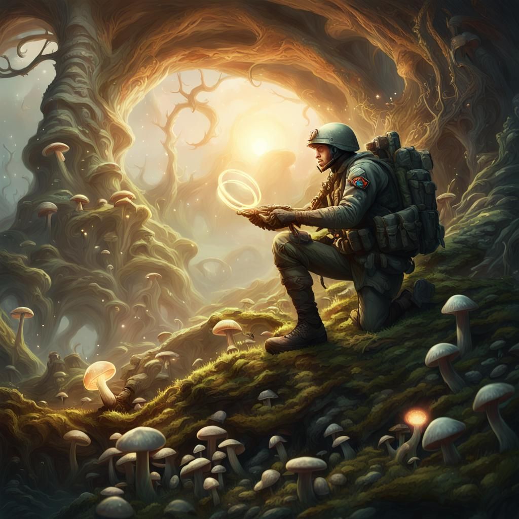 Mystical Mushrooms Heal Soldier in Fantasy Landscape