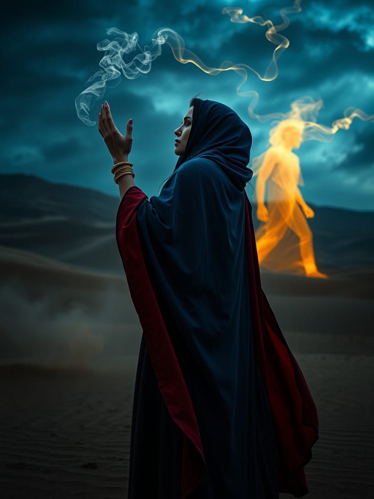Dark Fantasy Woman in Stormy Desert, Ethereal Smoke