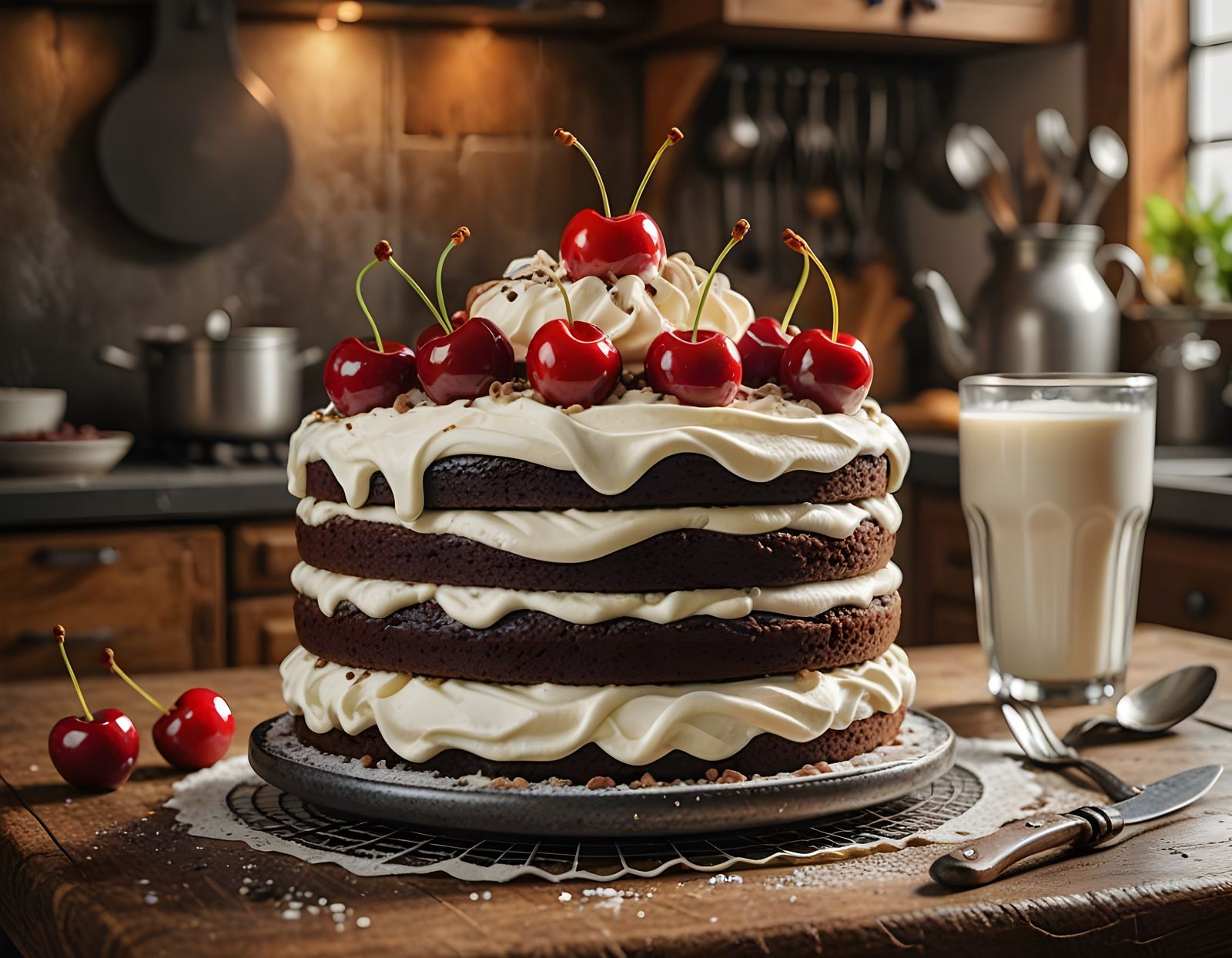Decadent Two-Layer Chocolate Cake in a Rustic Kitchen