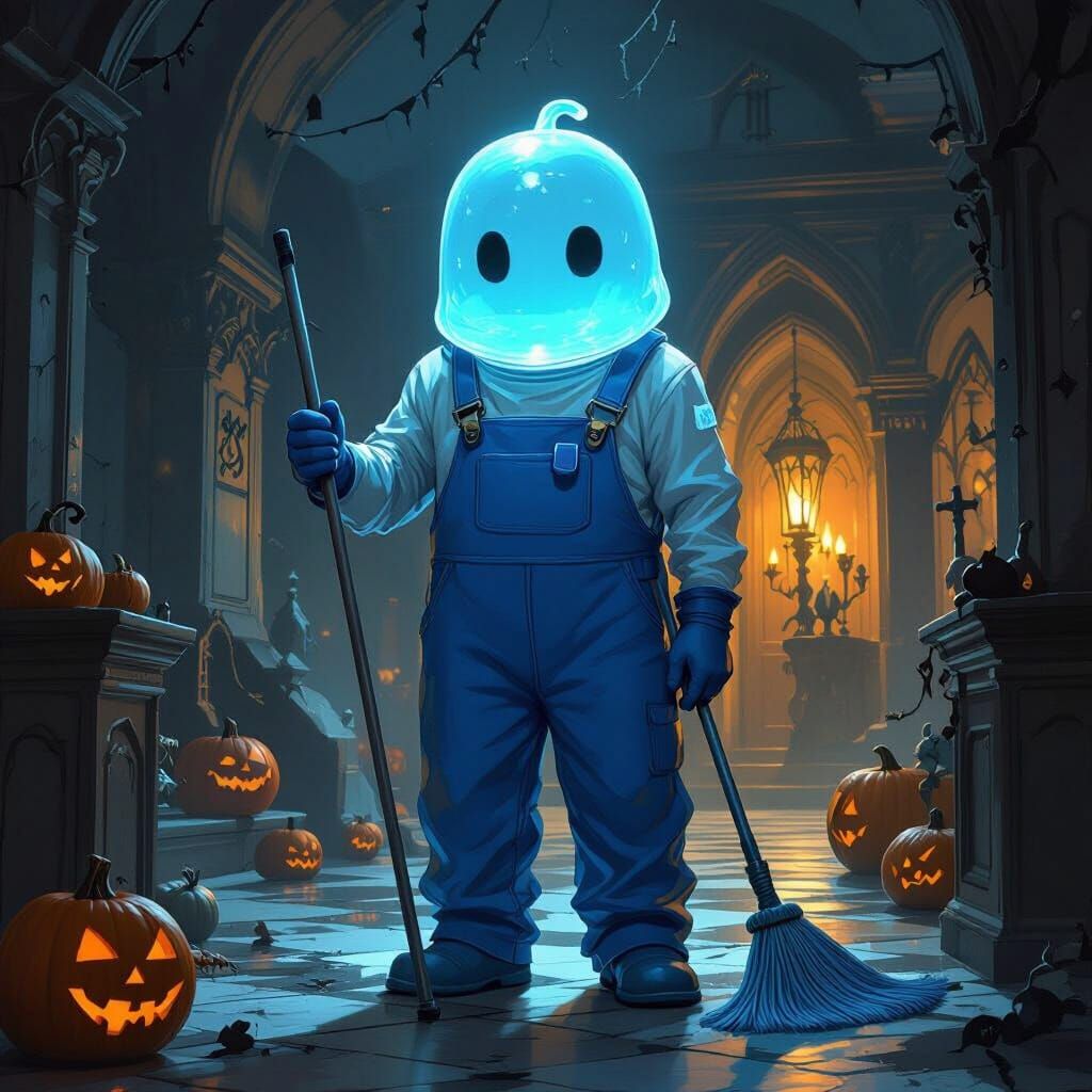 Silly Plasmoid Janitor in Gothic Mansion