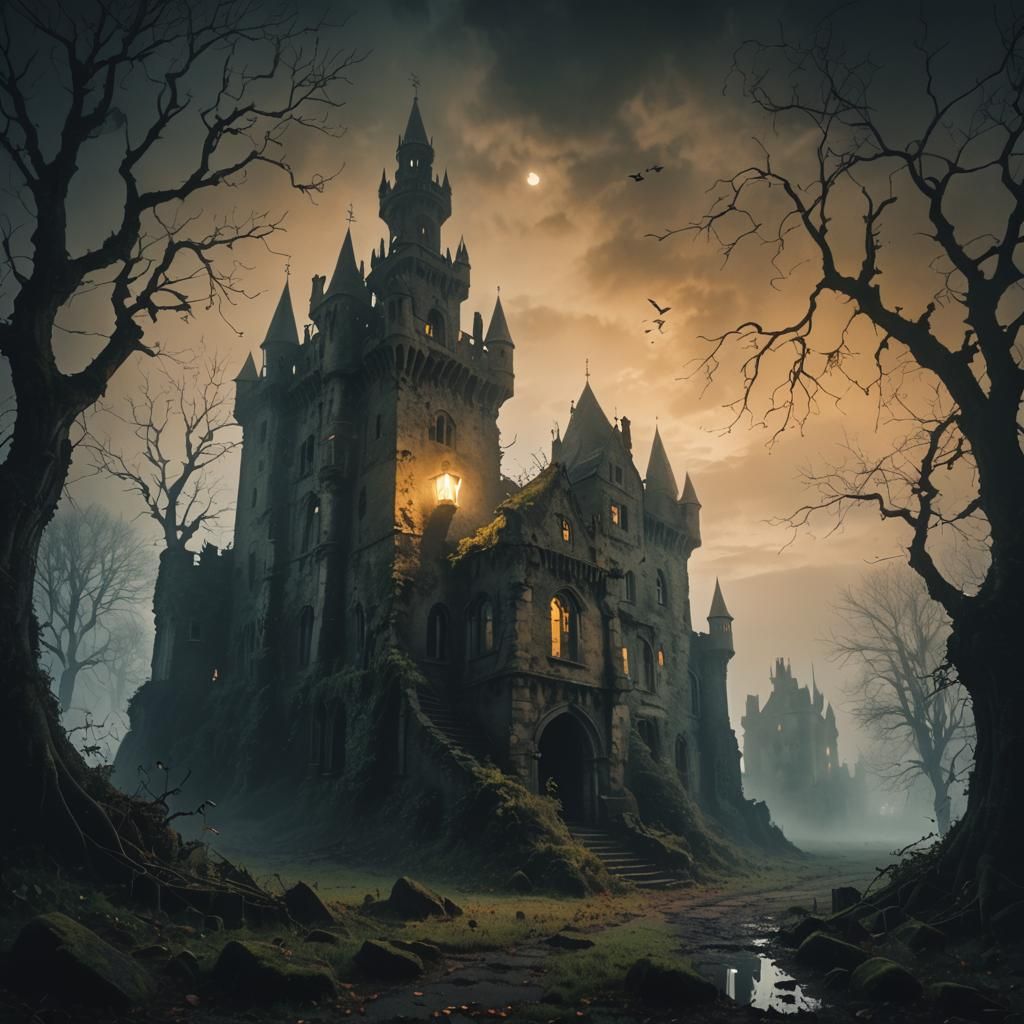 Eerie Ruined Castle in Gothic Surrealism Style
