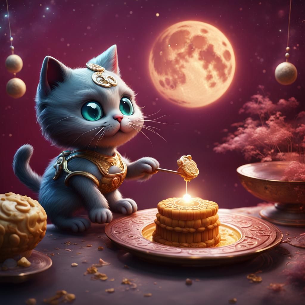 Kitten Bakes Mooncake on the Moon