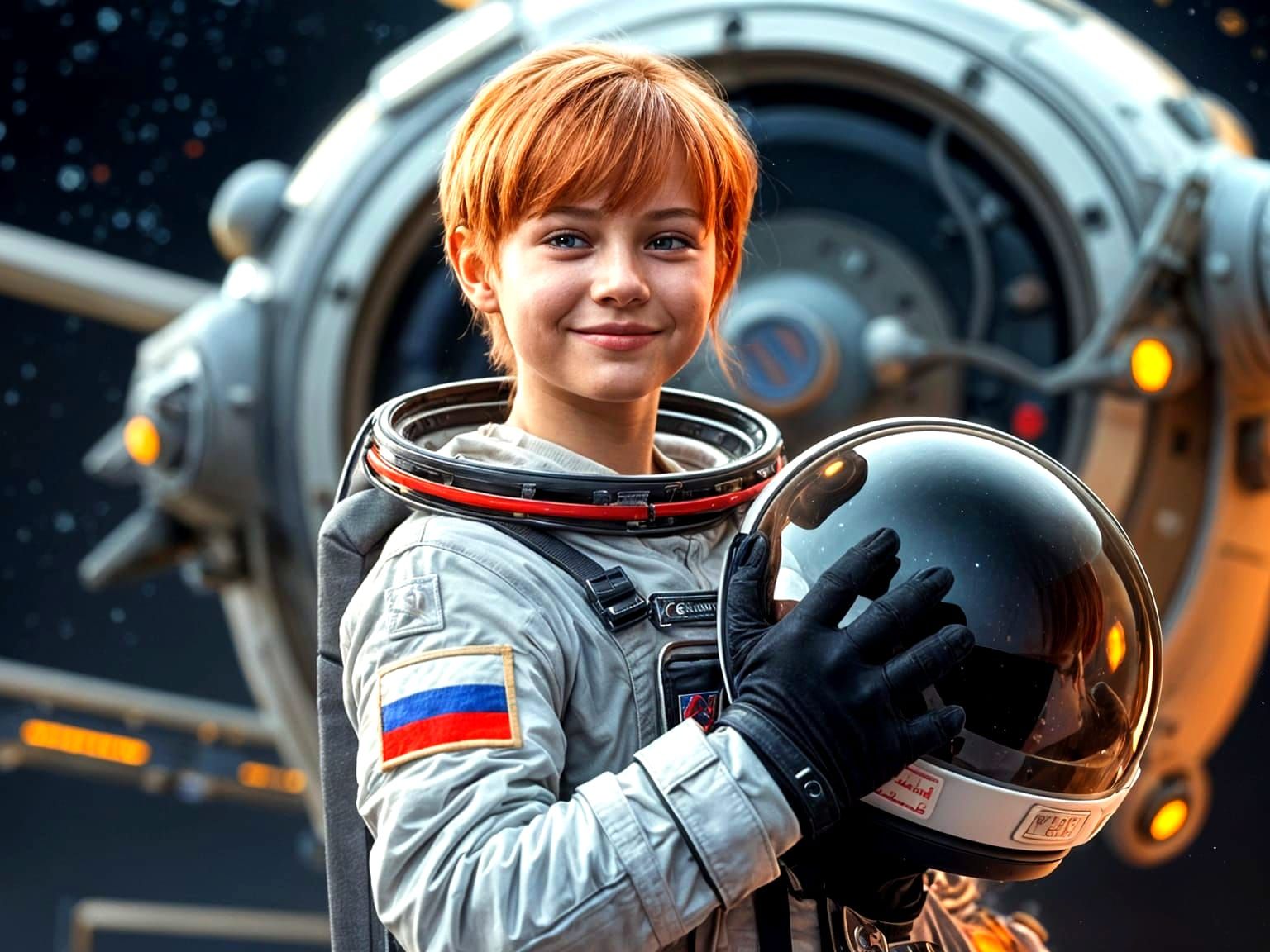 Young Russian Cosmonaut Waves Goodbye in Futuristic Space