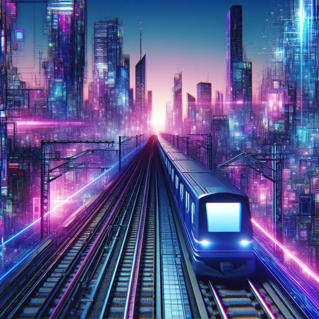 Hypermaximalist Train Departs Neon Cityscape