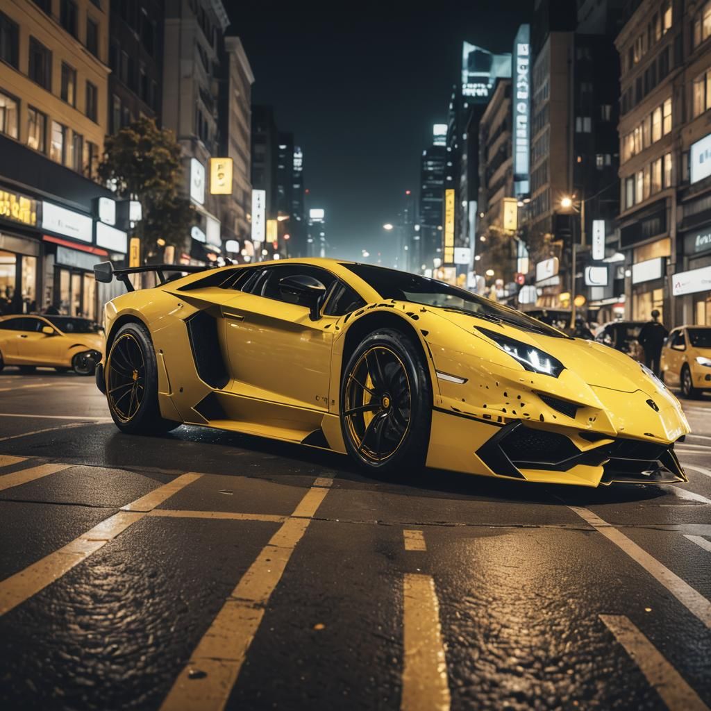 Yellow Lamborghini Aventador at Night: 8K Portrait