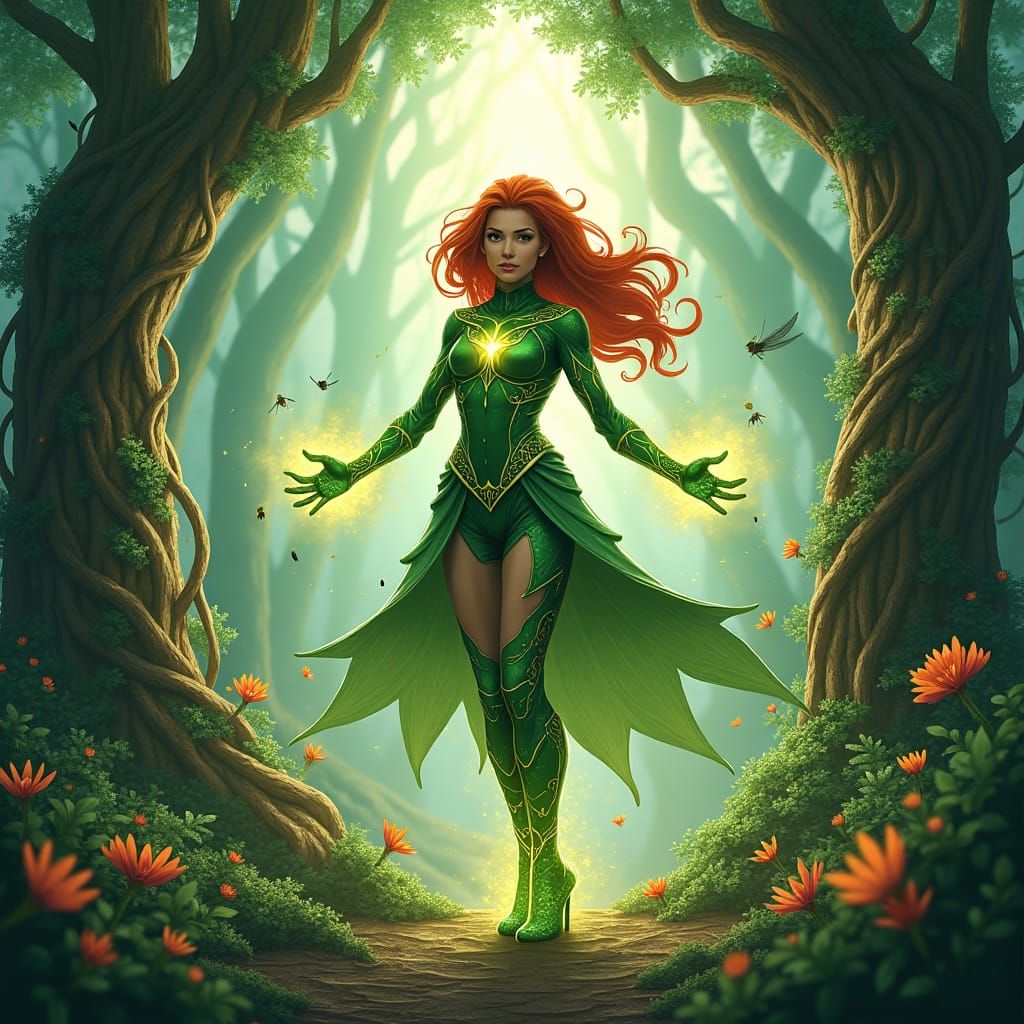 Eco-Warrior Terra in Lush Landscape, Dreamlike Art